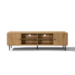 Wood TV stand with two side cabinets, four open shelves in the center, cable management holes, black metal legs.