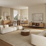 Modern living and dining room with a wood TV stand for a stylish storage and modern entertainment solution.