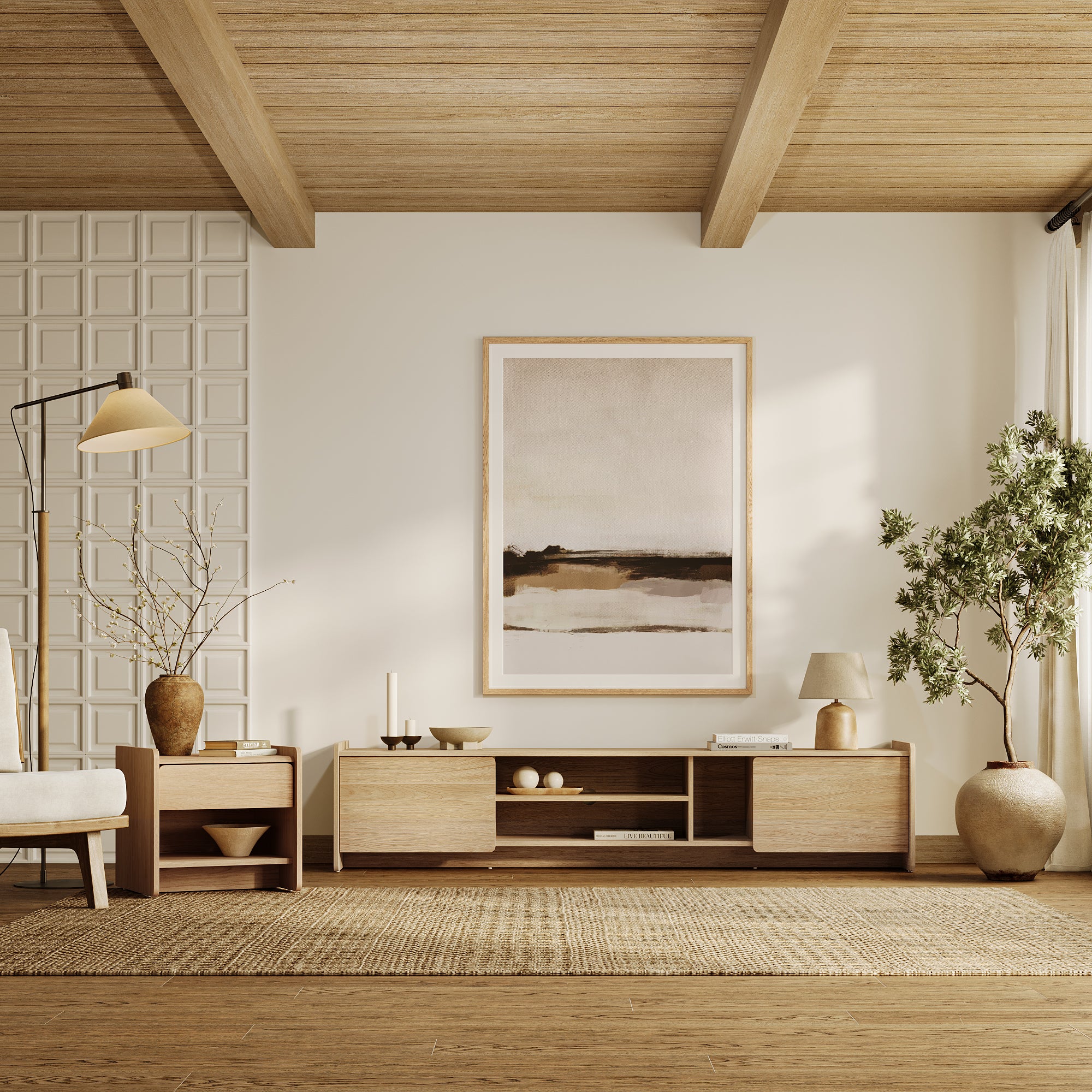 A minimalist living room with a scandinavian-japanese nightstand, a floor lamp, a woven rug on a wooden floor.