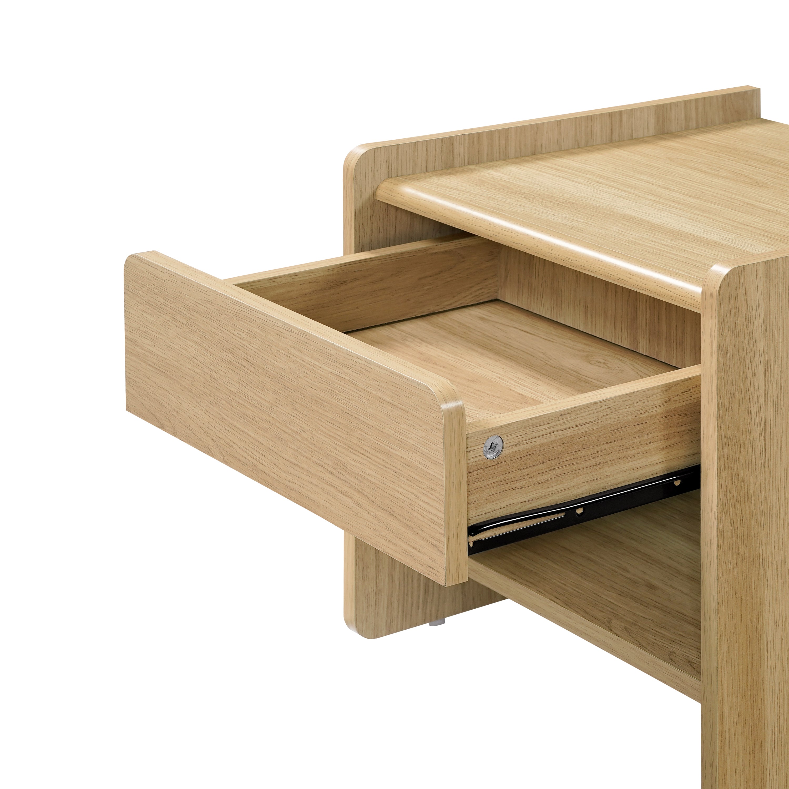 Close-up of a morden nightstand endtable features with a single drawer, revealing metal drawer slides and light wood grain.