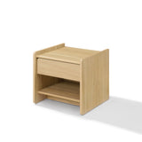 Light oak wood nightstand endtable with a single drawer and an open lower shelf.