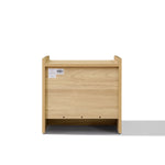 Rectangular oak wood nightstand featuring  with a white barcode label and three small holes near the bottom edge.