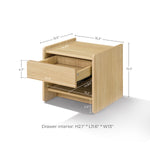 Light oak wood nightstand size: overall 15.5"D, 16.3"W, 15.5"H; drawer interior 4.7"H x 14.8"L x 14.8”W. 