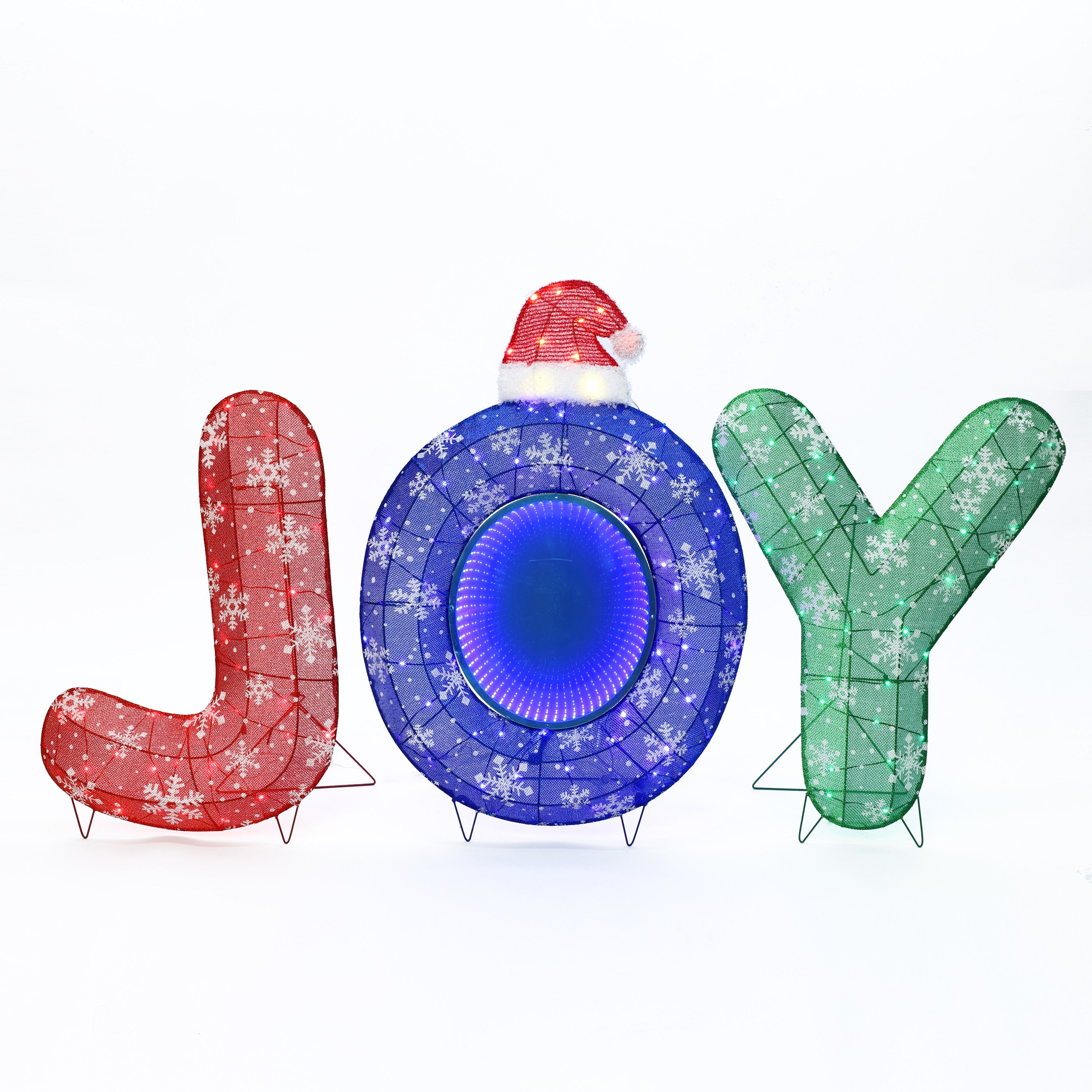 Red J, blue O with a Santa hat, glowing lights,green Y letters with snowflakes spell JOY on a white background.