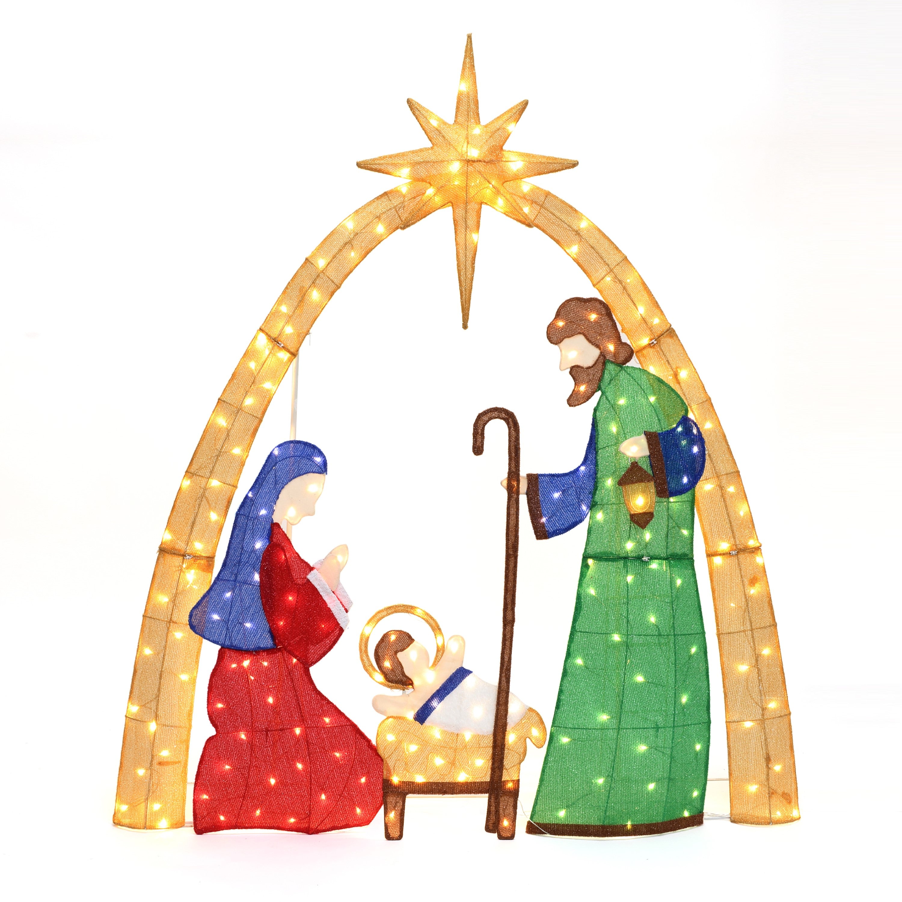 Illuminated nativity scene with Mary, Joseph,  baby Jesus under star-topped arch, all outlined with warm white lights.