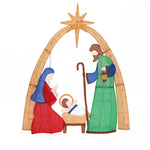 Nativity scene showing Mary, Joseph, baby Jesus under star, with red, blue,  green robes decor lights.