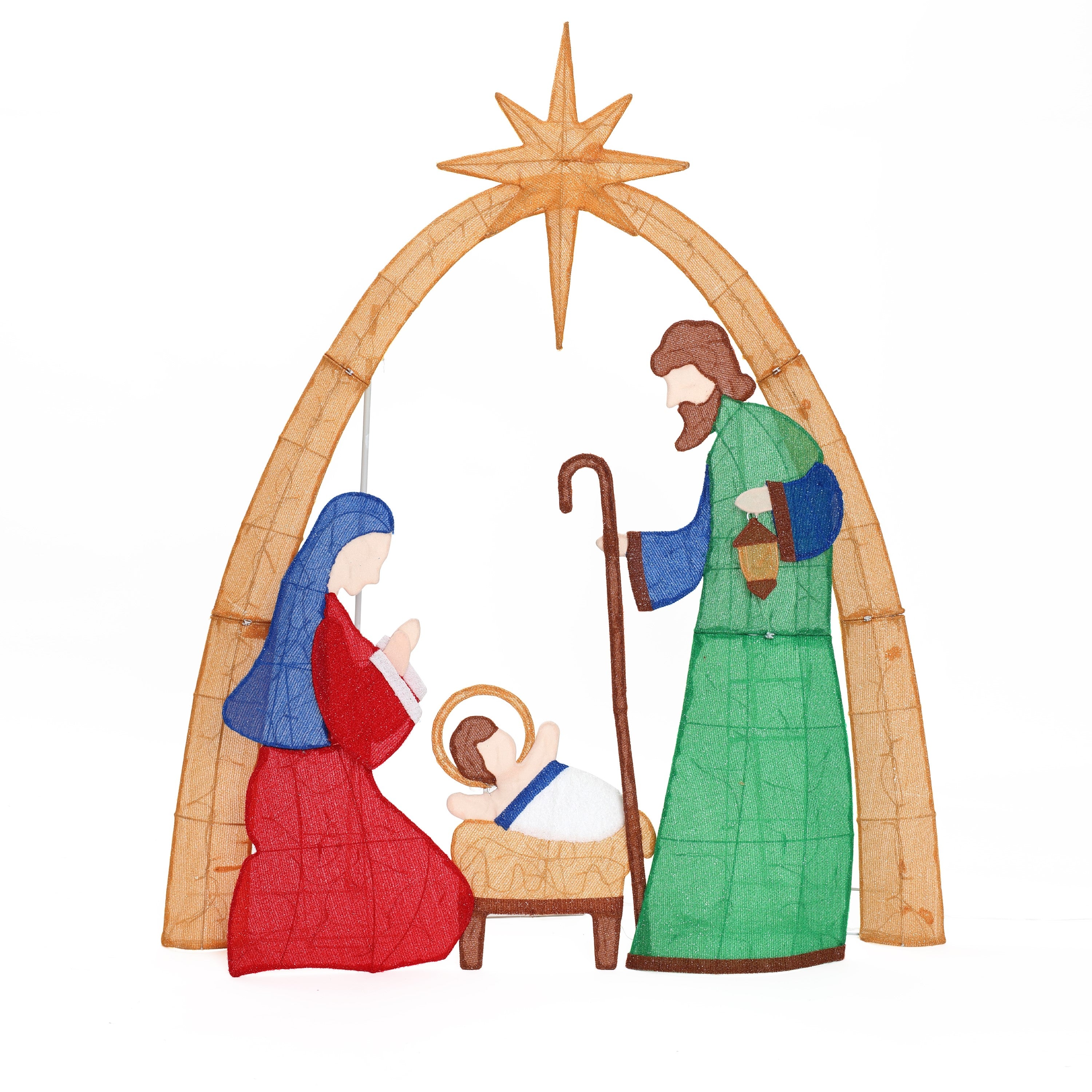 Nativity scene showing Mary, Joseph, baby Jesus under star, with red, blue,  green robes decor lights.