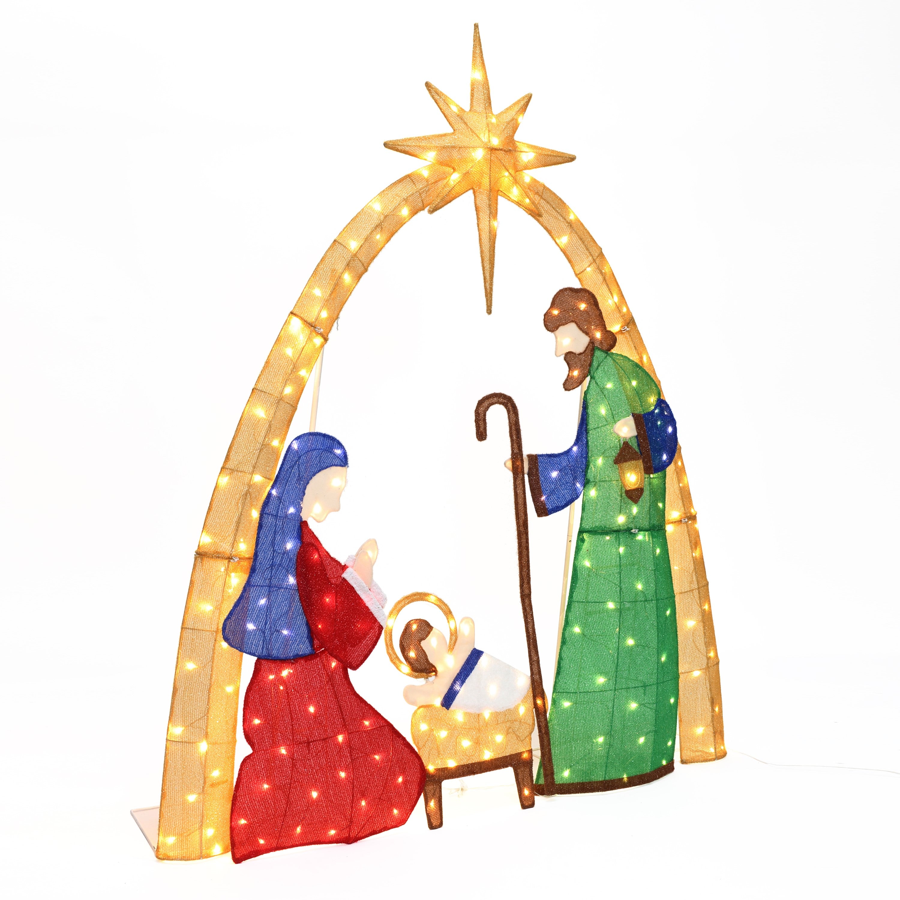 Pre-lit nativity scene holiday decor featuring Mary, Joseph, baby Jesus under star,shaped arch adorned with lights.
