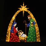Pre-lit nativity scene with Mary, Joseph, baby Jesus under star topped arch with lights, against black background.