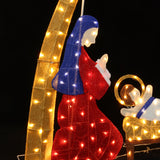 Lighted nativity scene holiday decor depicting Mary kneeling beside baby Jesus in manger.