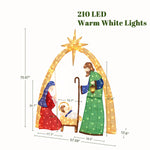 Pre-lit nativity scene holiday decor with 210 led lights, showing Mary, Joseph, baby Jesus understar, with size labeled.