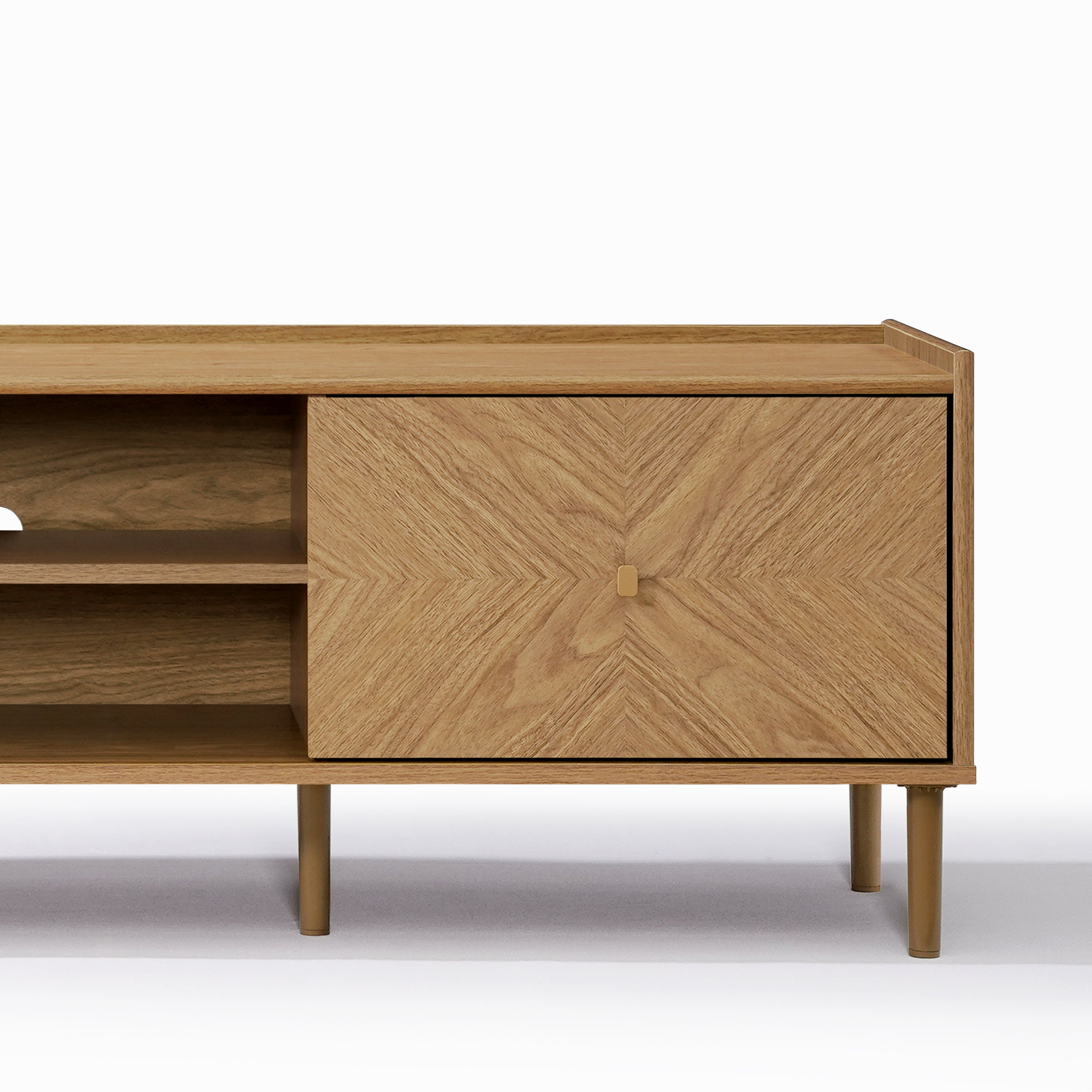 Stylish TV stand featuring open shelving on the left and a geometric-patterned closed cabinet on the right.