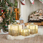 several glittery led gift boxes are arranged on faux fur rug in front of decor christmas tree ,fireplace.