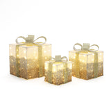 3 illuminated led gift boxes with gold glitter ribbons,bows, displayed against white background.