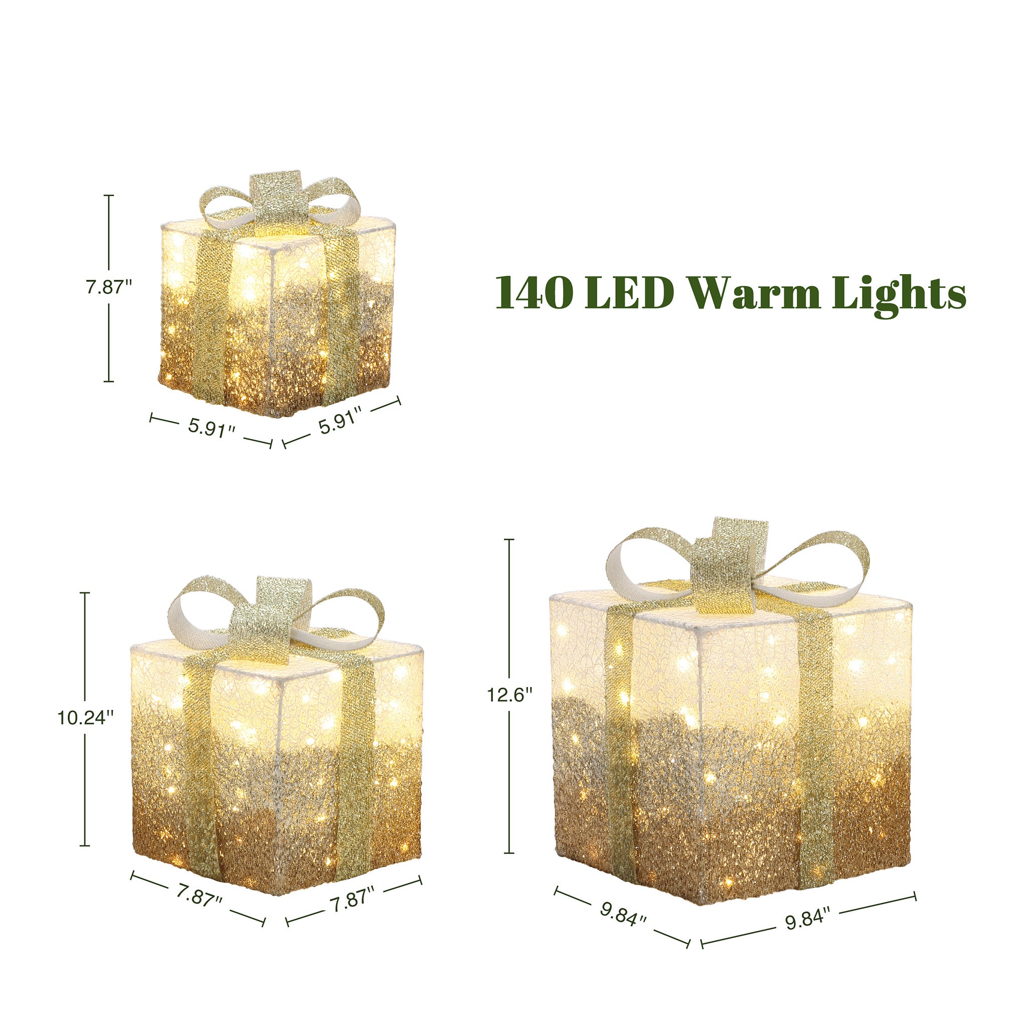 3 illuminated gold ,white led gift boxes with bows, size for each gift box decor are displayed alongside them.