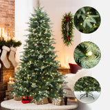 Pre-lit christmas tree with lights, surrounded by wrapped gifts, decor wreath; close-up light details, sturdy metal stand of this elegant christmas tree with lights.