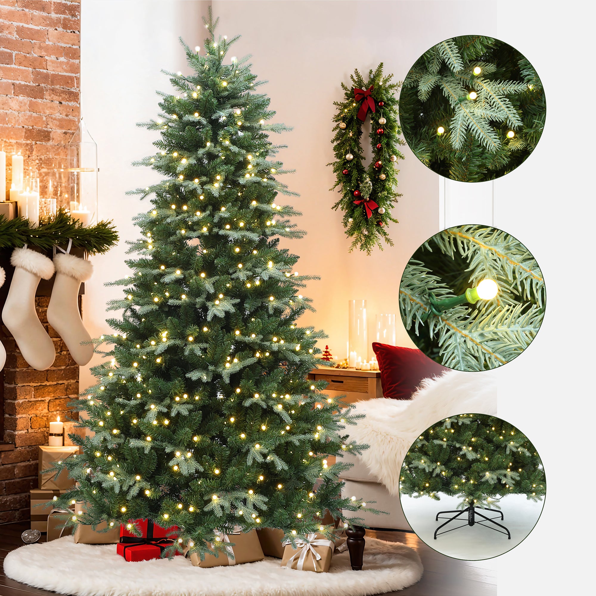Pre-lit christmas tree with lights, surrounded by wrapped gifts, decor wreath; close-up light details, sturdy metal stand of this elegant christmas tree with lights.