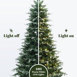 Artificial christmas tree shown split down the middle; left side unlit, right side glowing with 480 warm white lights.