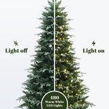Artificial christmas tree shown split down the middle; left side unlit, right side glowing with 480 warm white lights.