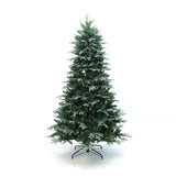 A green pre-lit Christmas tree with a metal stand, standing upright on a white background.