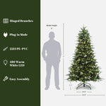 Pre-lit christmas tree with lights, shown beside 6 ft human for scale. Features hinged branches, plug-in mode, 2213 PE+PVC tips, 480 warm white lights, easy assembly.