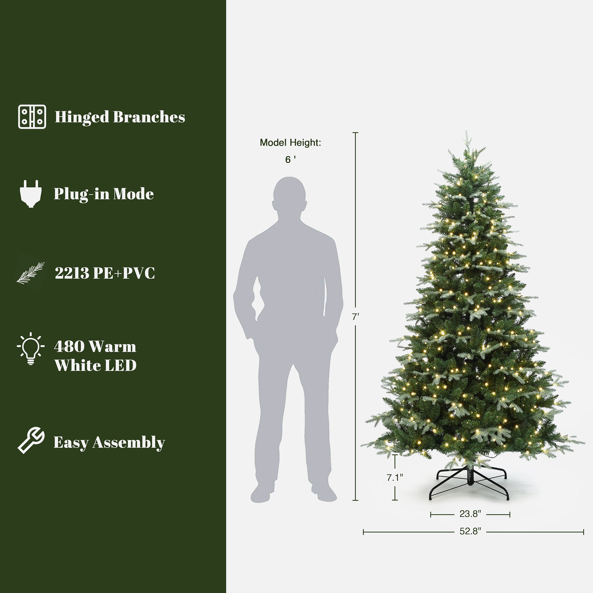 Pre-lit christmas tree with lights, shown beside 6 ft human for scale. Features hinged branches, plug-in mode, 2213 PE+PVC tips, 480 warm white lights, easy assembly.