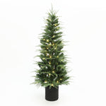 5ft artificial tree features white lights, comes in striking black patterned pot, against plain white background.