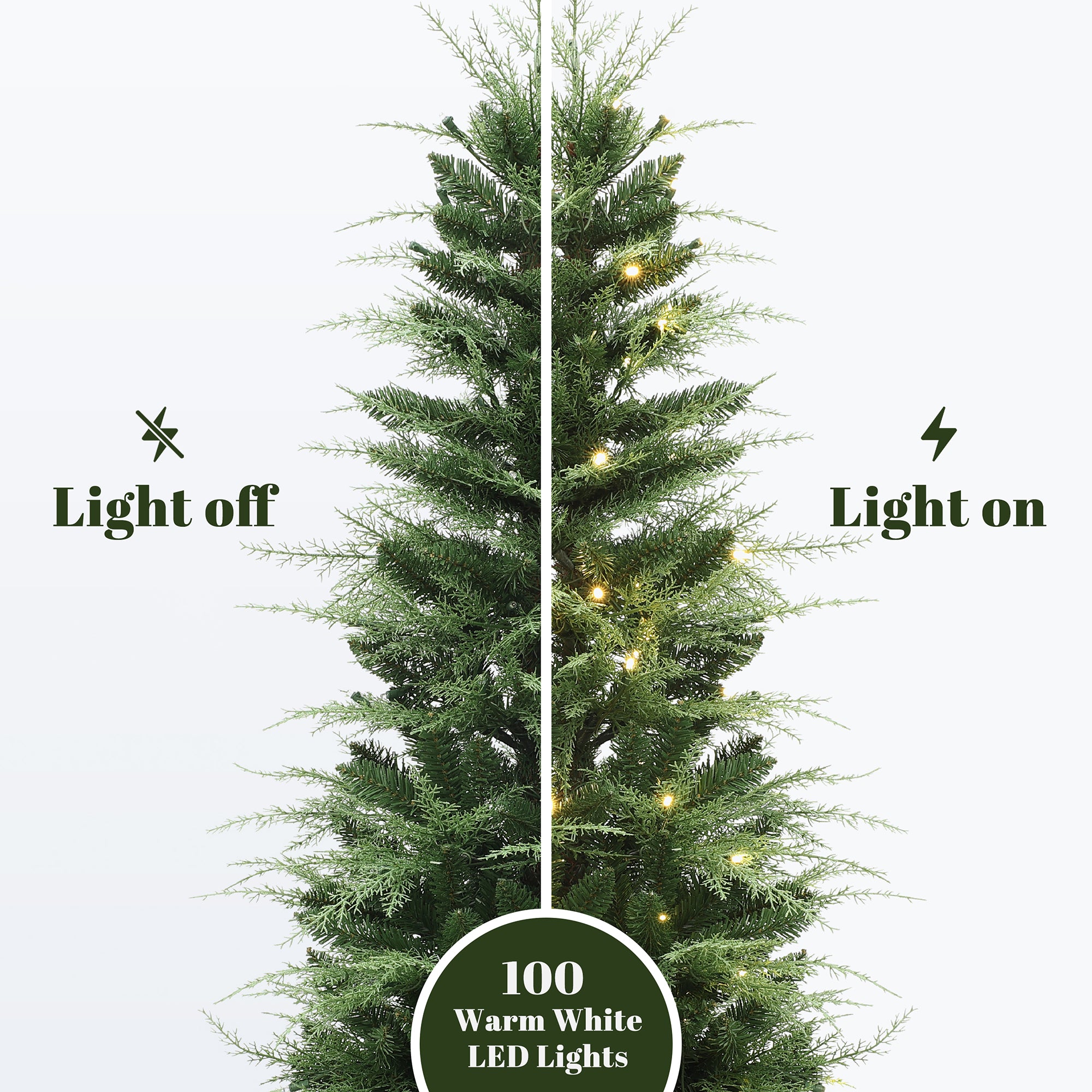 Artificial tree split vertically shows lights off on the left ,warm white led lights on the right.