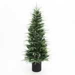 5ft artificial christmas tree with sparse branches,dusting of artificial snow, placed in black pot against white background.