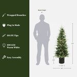 Pre-lit christmas tree with lights, 104 pe tips, wrapped branches, plug-in mode, easy assembly, 4.9 ft H, pot dia 8.3''. Show beside 6 ft person silhouette.