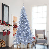 7.5 Ft artificial christmas tree with white lights stands in living room by window, surrounded by wrapped gifts,  fireplace with red decor,2 stockings.