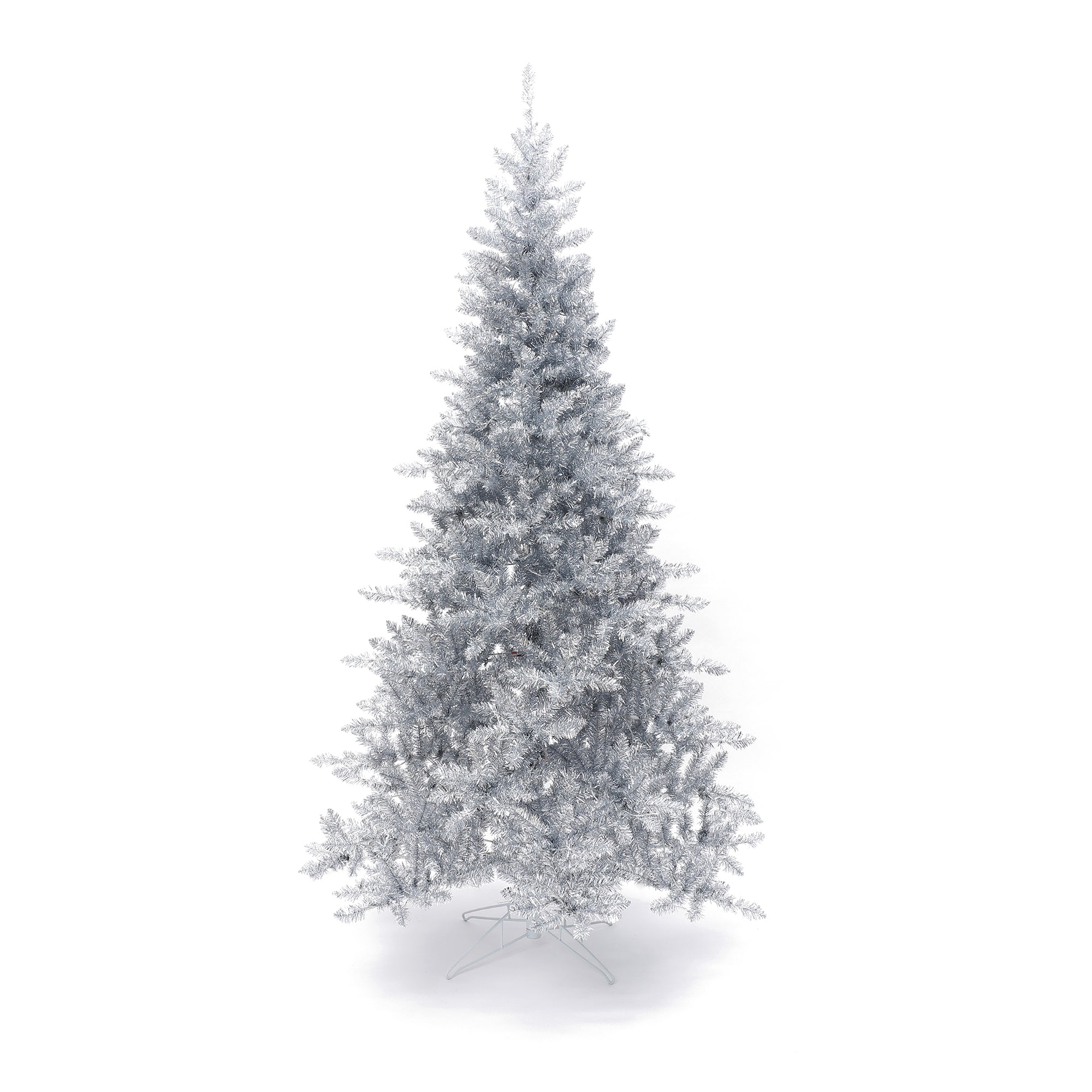 7.5 ft Silver Christmas Tree stands on a metal base against a white background.
