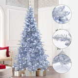 7.5 Ft Silver Christmas Tree with lights stands indoors, surrounded by gift boxes. 3 insets close-up details of shimmering branches, sturdy metal stand.