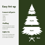 7.5 Ft Artificial Christmas Tree assembly instructions with labeled parts (Base, Part C, Part B, Part A), setup steps: connect all parts, fluff branches, plug in for lights.