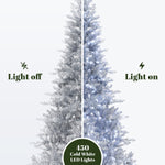 Silver christmas tree, shown split in half, with lights off on the left , glowing cold white LEDs on the right. Text reads 450 Cold White LED Lights.