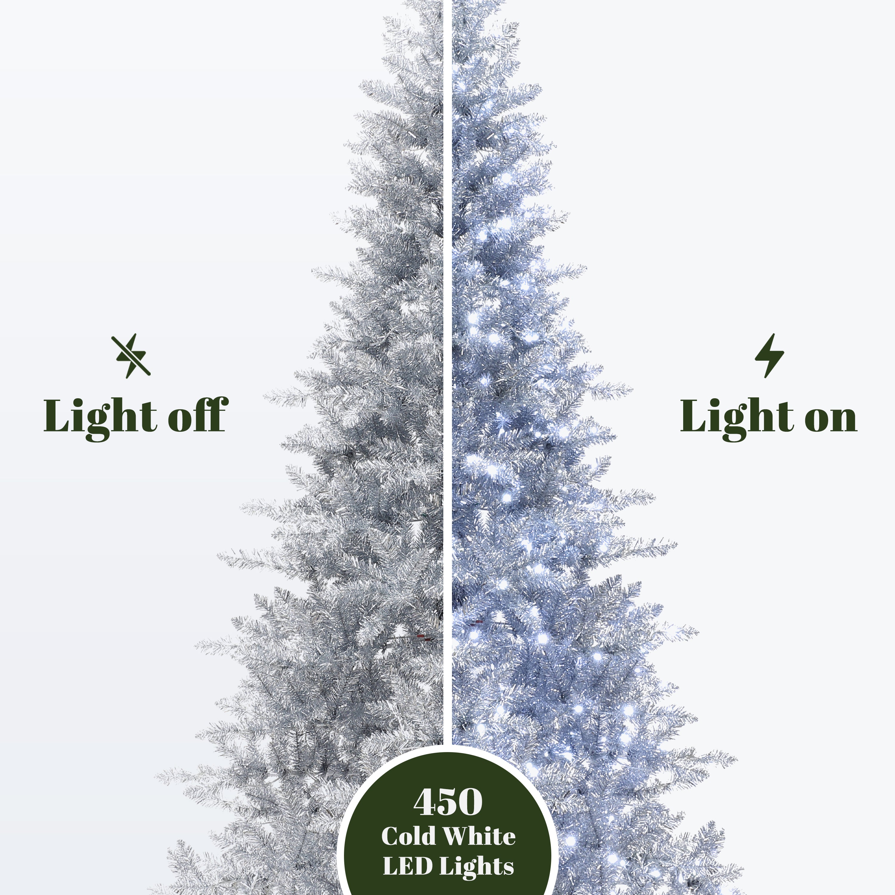 Silver christmas tree, shown split in half, with lights off on the left , glowing cold white LEDs on the right. Text reads 450 Cold White LED Lights.