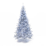 7.5 ft Silver Christmas Tree adorned with white lights stands elegantly on metal stand against white background.