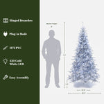7.5 Ft Christmas Tree with white lights, shown beside a 6 ft person for scale; features hinged branches, plug-in mode, PVC material,  easy assembly.