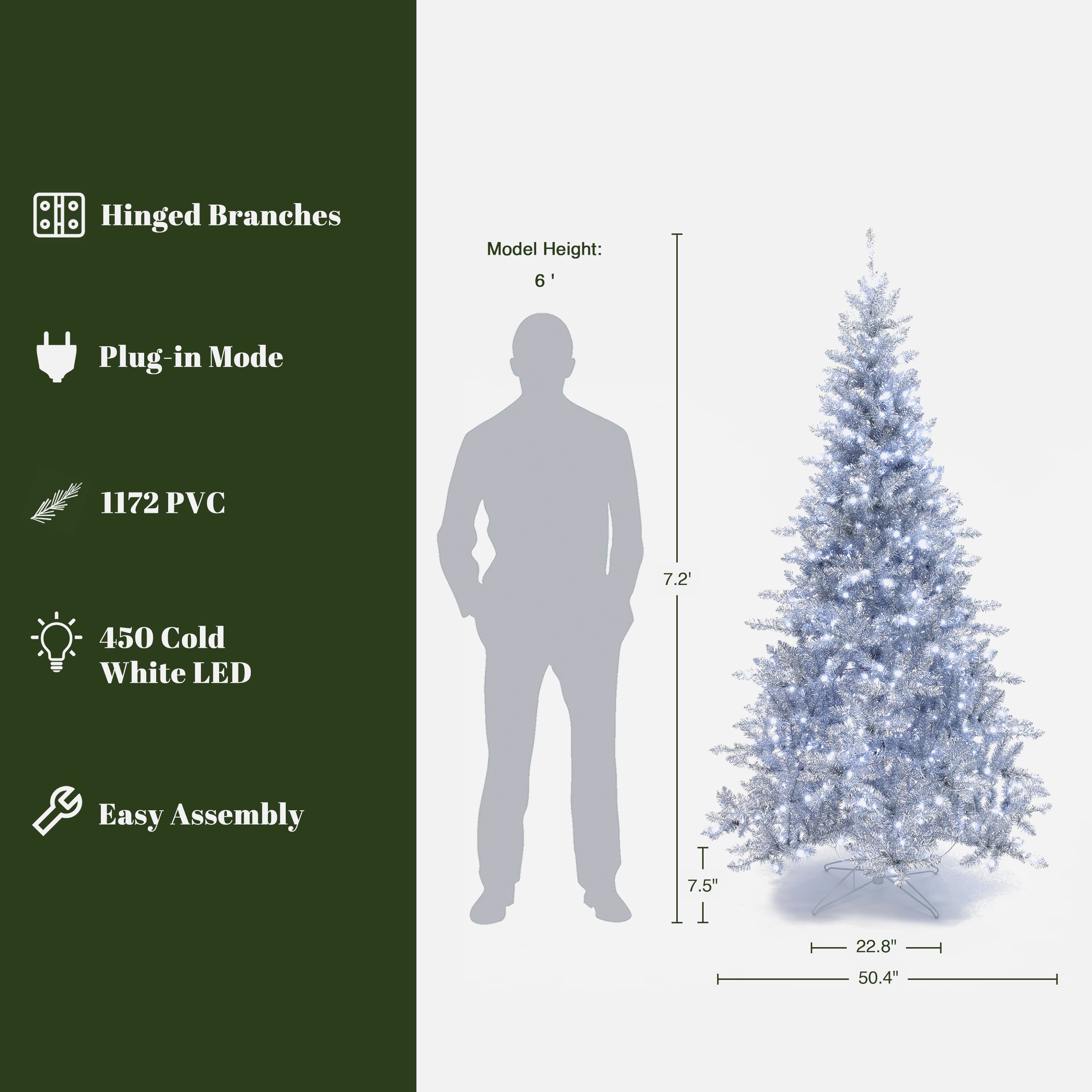 7.5 Ft Christmas Tree with white lights, shown beside a 6 ft person for scale; features hinged branches, plug-in mode, PVC material,  easy assembly.