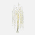 Decor artificial willow tree with cascading branches, warm white led lights, standing on square base against plain background.