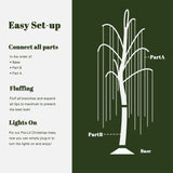 Illustrating the easy setup of pre-lit tree, labeling parts as base, Part B, Part A, with steps for assembly, fluffing branches,plugging in built-in lights.