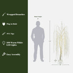 Specs for 6 ft pre-lit tree with 500 warm white led lights, PVC tips, wrapped branches, plug-in mode.Figure stands beside the tree for scale. 