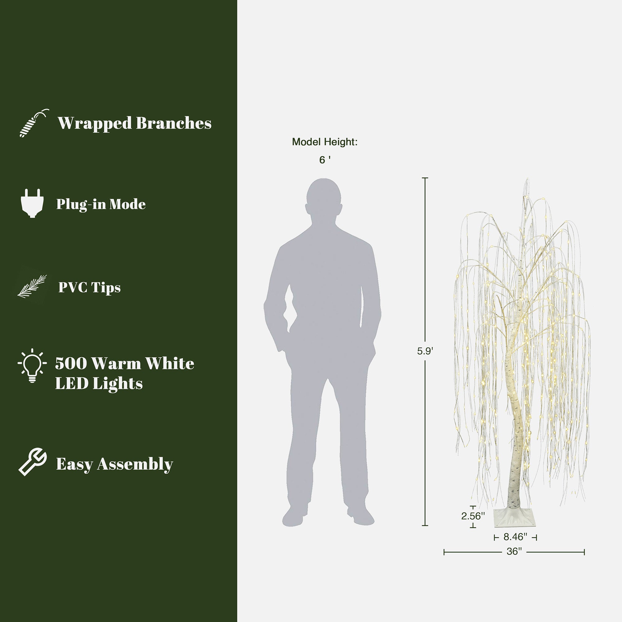 Specs for 6 ft pre-lit tree with 500 warm white led lights, PVC tips, wrapped branches, plug-in mode.Figure stands beside the tree for scale. 