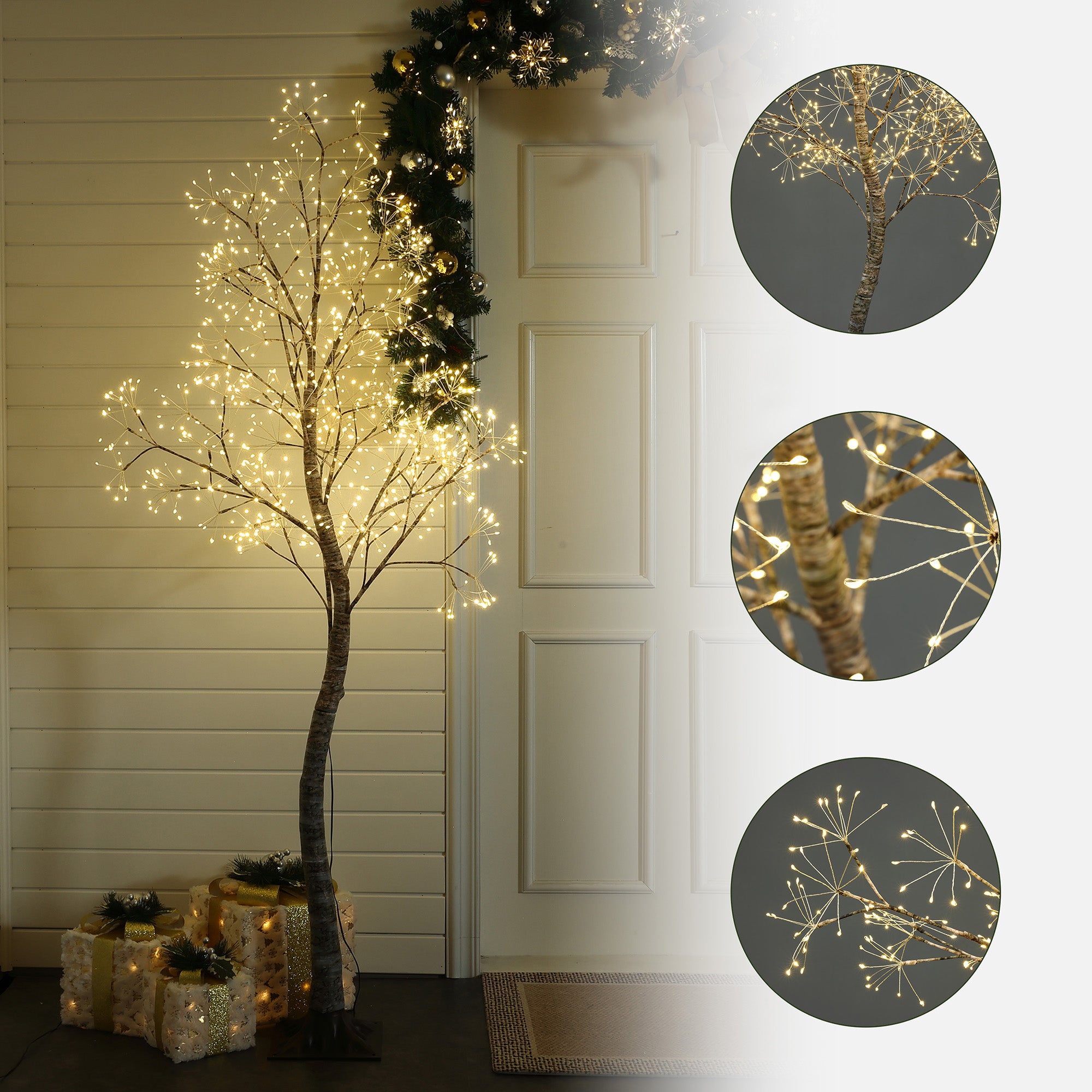 Birch artificial tree with warm white lights stands near wrapped gifts,white door, close-up insets highlight the tree’s detaile.