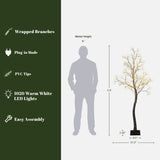 Shows for 6ft pre-lit tree with 500 warm white lights, pvc tips, wrapped branches, plug-in.Figure stands beside the tree for scale.