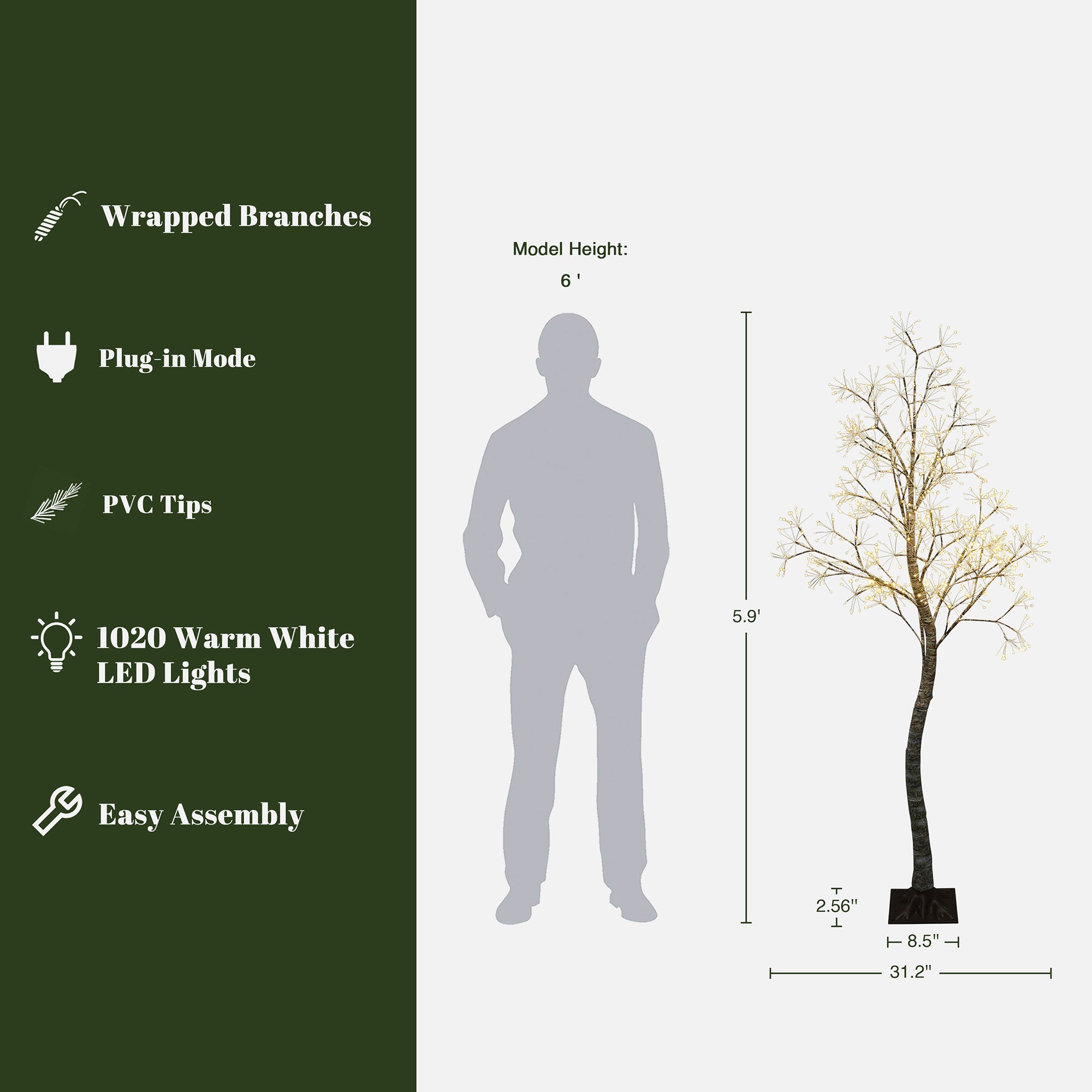 Shows for 6ft pre-lit tree with 500 warm white lights, pvc tips, wrapped branches, plug-in.Figure stands beside the tree for scale.