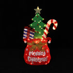 Holiday decor with Lights featuring Santa’s Pack red bag with Merry Christmas, green tree, candy cane,  gift, all illuminated.