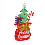 Decor christmas ornament in Santa’s Pack , red sack with Merry Christmas, green tree, candy cane, blue gift box,all illuminated.