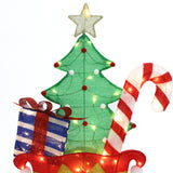 Decor christmas tree with gold star topper, string lights,candy cane, blue gift box with red ribbon.
