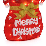 Red christmas sack decor, like Santa’s Pack , with white “Merry Christmas” , gold bow, snowflakes, small lights.
